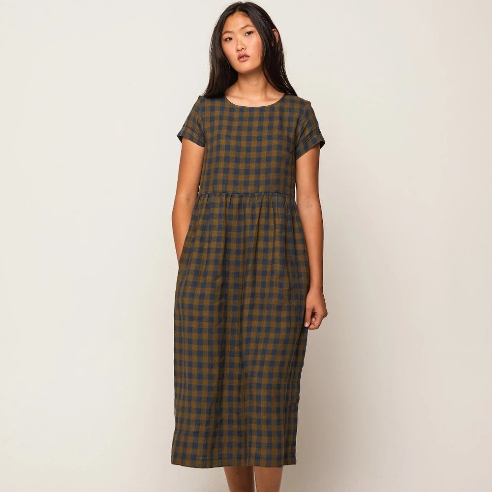 Pyne & Smith Model No.17 Dress in Olive Check Linen - Size Small